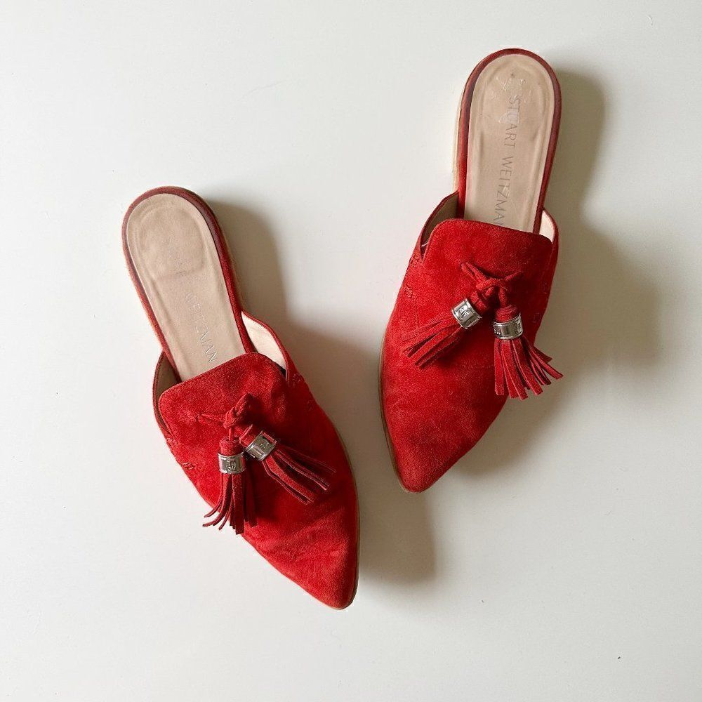 Stuart Weitzman Slidealong Tassel Pointed Toe Mule in Red Suede Women's 6